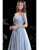 Simple Light Blue Satin Pleated Prom Dress with Off Shoulder