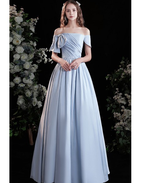 Simple Light Blue Satin Pleated Prom Dress with Off Shoulder