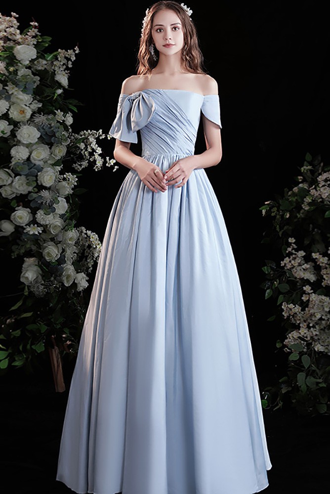 Simple Light Blue Satin Pleated Prom Dress with Off Shoulder Wholesale ...
