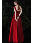 Formal Long Satin Burgundy Evening Prom Dress with Big Bow Front