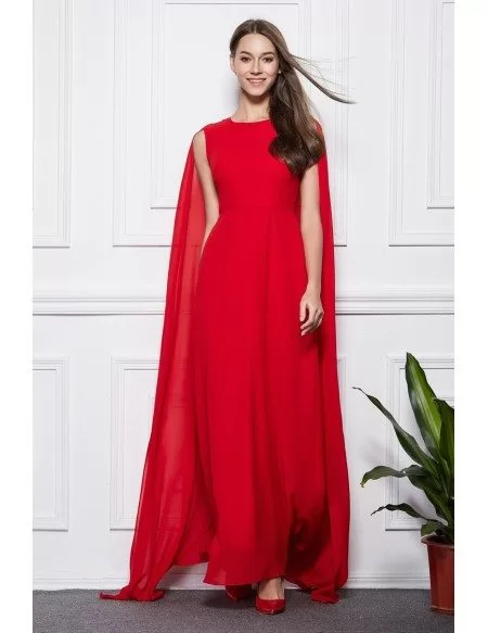 Elegant A-Line Red Chiffon Long Evening Dress With Cape