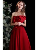 Formal Long Satin Burgundy Evening Prom Dress with Big Bow Front