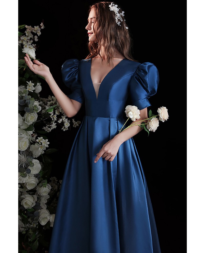 Blue Elegant Long Satin Formal Dress Vneck with Bubble Sleeves ...