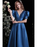 Blue Elegant Long Satin Formal Dress Vneck with Bubble Sleeves