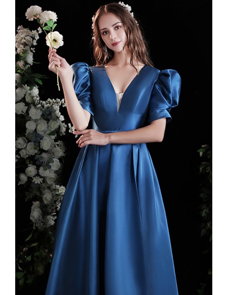 Blue Elegant Long Satin Formal Dress Vneck with Bubble Sleeves ...