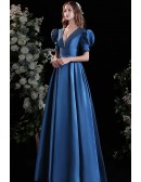 Blue Elegant Long Satin Formal Dress Vneck with Bubble Sleeves