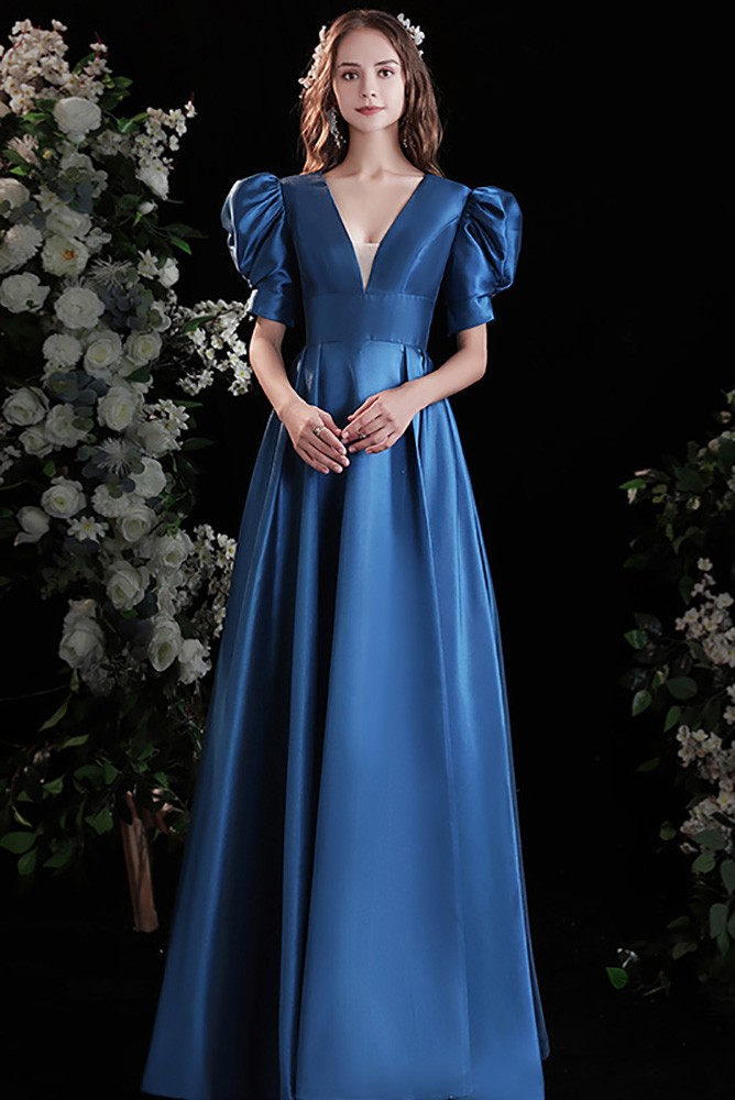Blue Elegant Long Satin Formal Dress Vneck with Bubble Sleeves