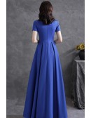 Modest Blue Short Sleeved Aline Satin Evening Formal Dress with Jeweled