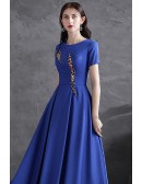 Modest Blue Short Sleeved Aline Satin Evening Formal Dress with Jeweled