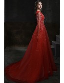 Luxury Jeweled Embroidery Stunning Burgundy Prom Dress Bling with Long Cape Sleeves