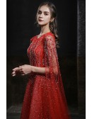 Luxury Jeweled Embroidery Stunning Burgundy Prom Dress Bling with Long Cape Sleeves
