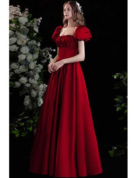 Retro Square Neckline Long Aline Prom Dress Red Burgundy with Bubble Sleeves