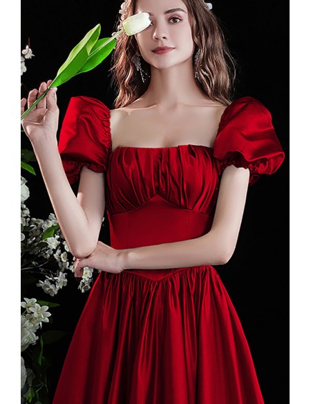 Retro Square Neckline Long Aline Prom Dress Red Burgundy with Bubble Sleeves