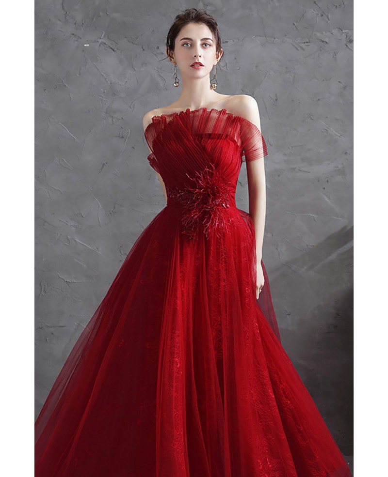 Burgundy Lace Long Tulle Aline Prom Dress Strapless For Formal ...