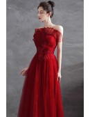 Burgundy Lace Long Tulle Aline Prom Dress Strapless For Formal Occasions