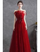 Burgundy Lace Long Tulle Aline Prom Dress Strapless For Formal Occasions