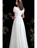 Pretty White Aline Long Satin Wedding Party Dress with Bubble Sleeves