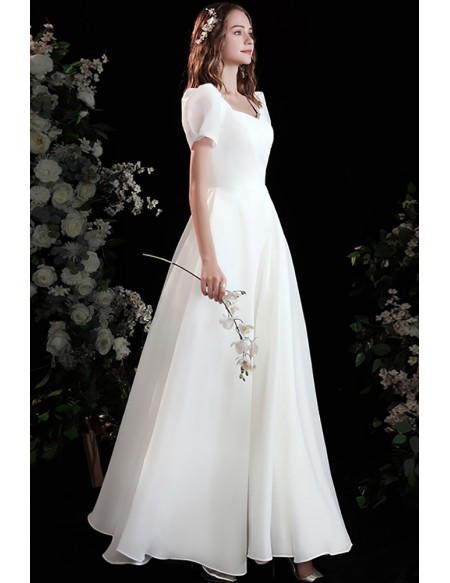 Pretty White Aline Long Satin Wedding Party Dress with Bubble Sleeves