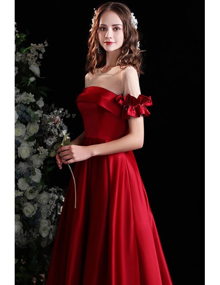 Modest Long Satin Burgundy Aline Prom Dress with Illusion Neckline