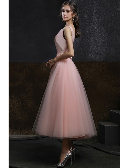 Pink Satin Aline Tea Length Wedding Formal Party Dress Sleeveless