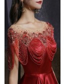 Burgundy Satin Long Elegant Prom Dress with Luxury Sequined Tassels