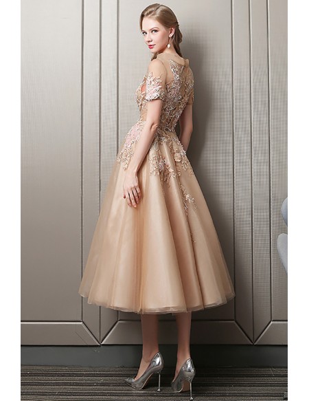 Elegant Embroidered Tea Length Party Prom Dress with Sheer Short Sleeves