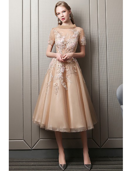 Elegant Embroidered Tea Length Party Prom Dress with Sheer Short Sleeves