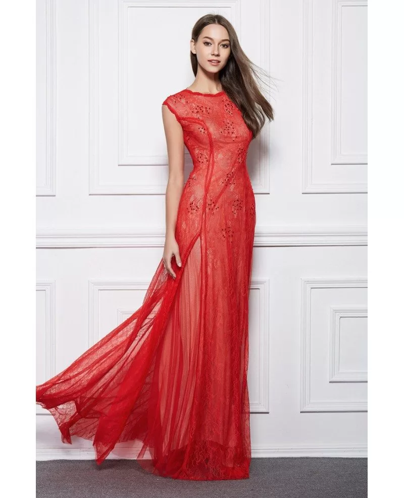 Elegant A Line Red Lace Floor Length Evening Dress With Ruffle Ck493 102 4072