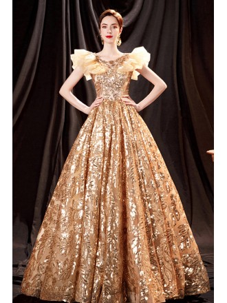 Bright Gold Sequined Ballgown Party Prom Dress with Ruffled Sleeves