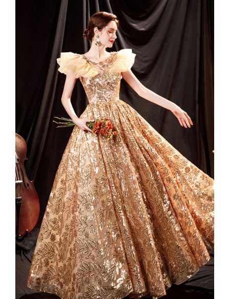 Bright Gold Sequined Ballgown Party Prom Dress with Ruffled Sleeves