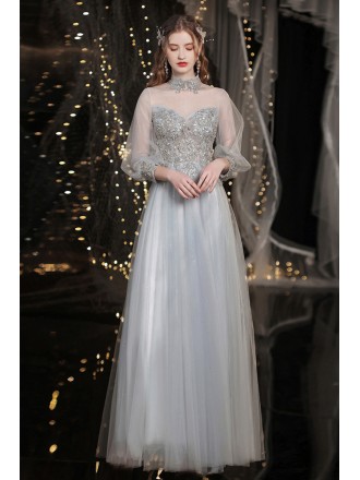 Modest Grey Aline Long Tulle Prom Dress with Illusion Lantern Sleeves