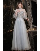 Modest Grey Aline Long Tulle Prom Dress with Illusion Lantern Sleeves