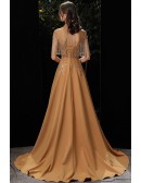 Stunning Gold Satin Formal Prom Dress with Train Jeweled Tassels