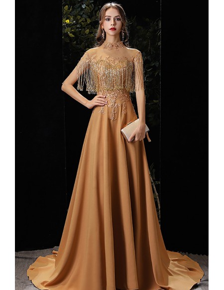Stunning Gold Satin Formal Prom Dress with Train Jeweled Tassels