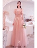 Gorgeous Pink Tulle Aline Prom Dress with Beautiful Flowers