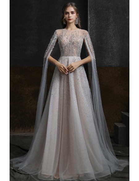 Luxury Jeweled Embroidery Stunning Grey Prom Dress with Long Cape Sleeves