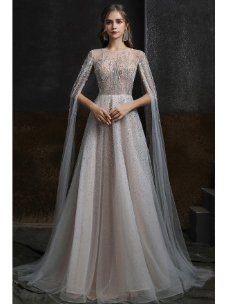 Luxury Jeweled Embroidery Stunning Grey Prom Dress with Long Cape Sleeves