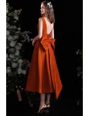 Vintage Chic Satin Tea Length Bridesmaid Party Dress with Big Bow In Back