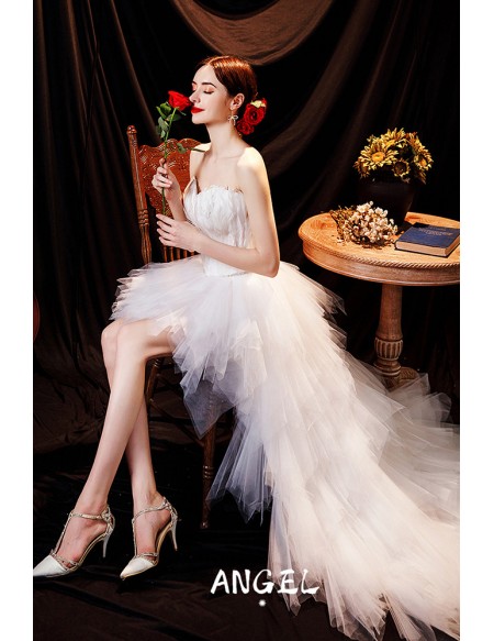 Fun High Low Tutus Feather Wedding Party Dress with Sweep Train