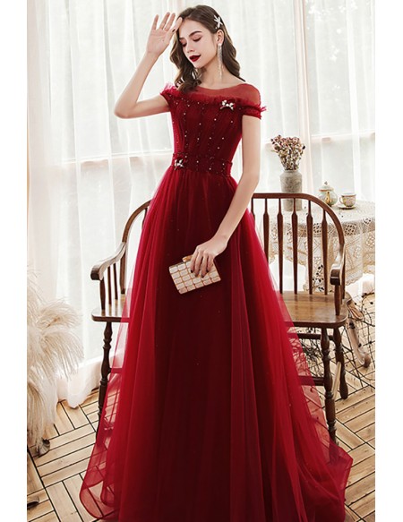 Elegant Modest Sheer Neckline Aline Long Tulle Burgundy Prom Dress with Beadings