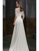 Formal White Satin Modest Wedding Party Reception Dress with Sequined Short Sleeves