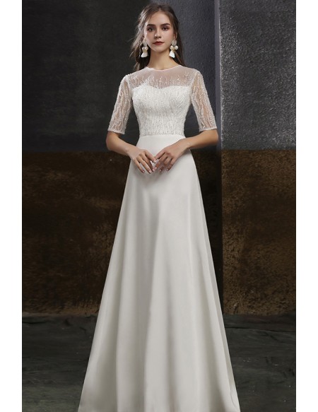 Formal White Satin Modest Wedding Party Reception Dress with Sequined Short Sleeves