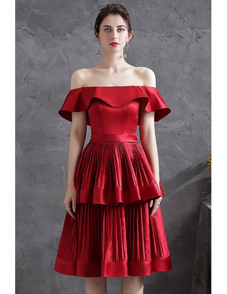 Burgundy Off Shoulder Pleated Tiered Short Formal Party Dress