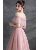 Pretty Beaded Off Shoulder Pink Tulle Long Prom Dress