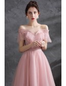 Pretty Beaded Off Shoulder Pink Tulle Long Prom Dress