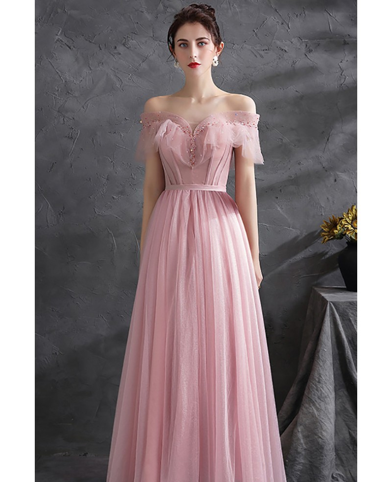 Pretty Beaded Off Shoulder Pink Tulle Long Prom Dress Wholesale #DM8935 ...