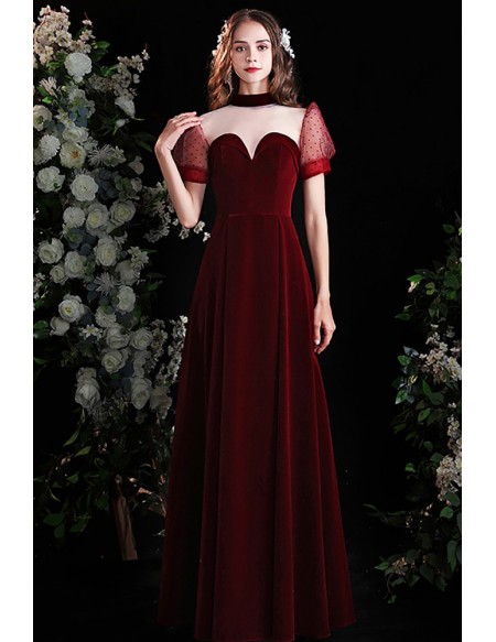 Elegant Burgundy Velvet Slim Long Party Dress with Sheer Neckline Bubble Sleeves