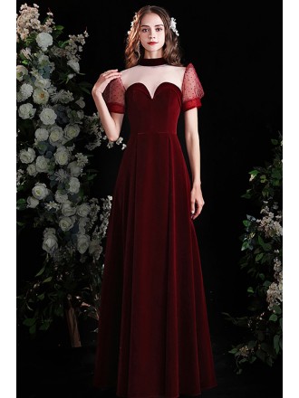 Elegant Burgundy Velvet Slim Long Party Dress with Sheer Neckline Bubble Sleeves