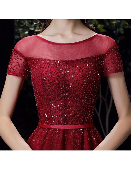 Elegant Sequined Aline Long Prom Dress with Illusion Short Sleeves