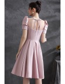 Cute Pink Satin Short Homecoming Dress with Bubble Sleeves